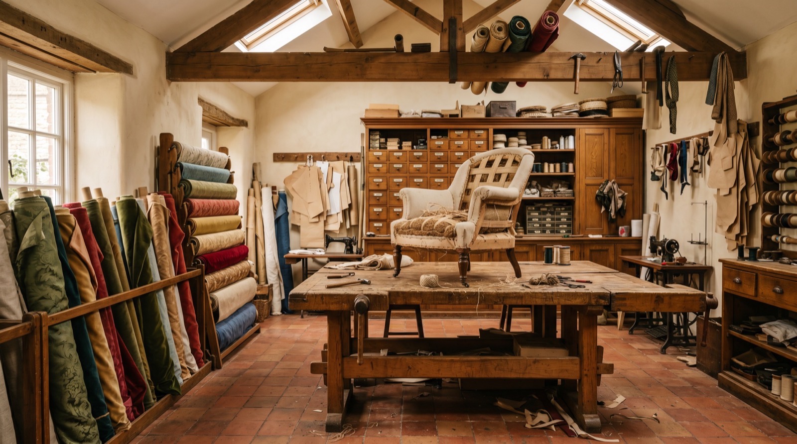 Établi de l'atelier du Gavot avec outils de tapissier