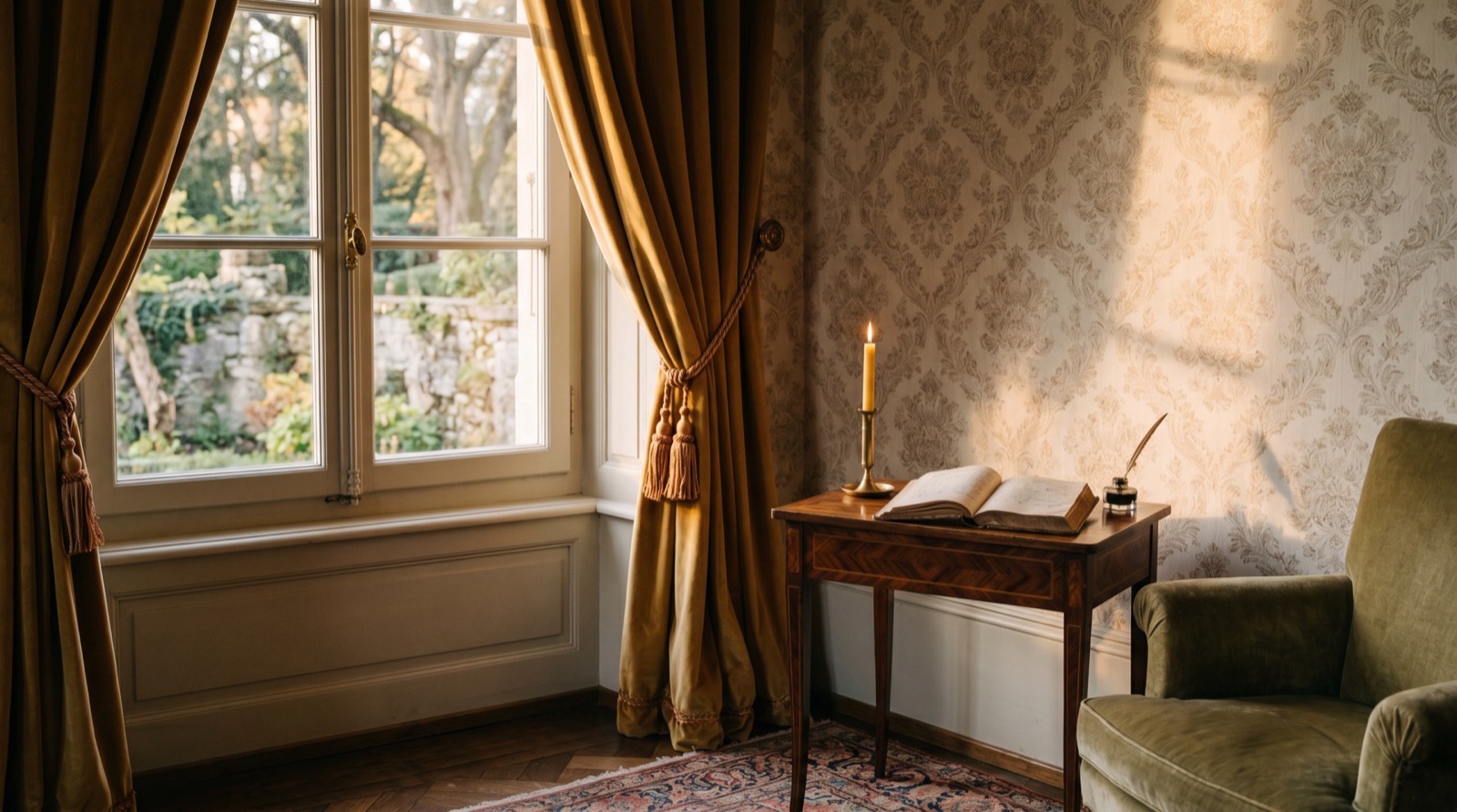 Rideaux en velours sur mesure avec embrasses et passementerie dans un salon de style