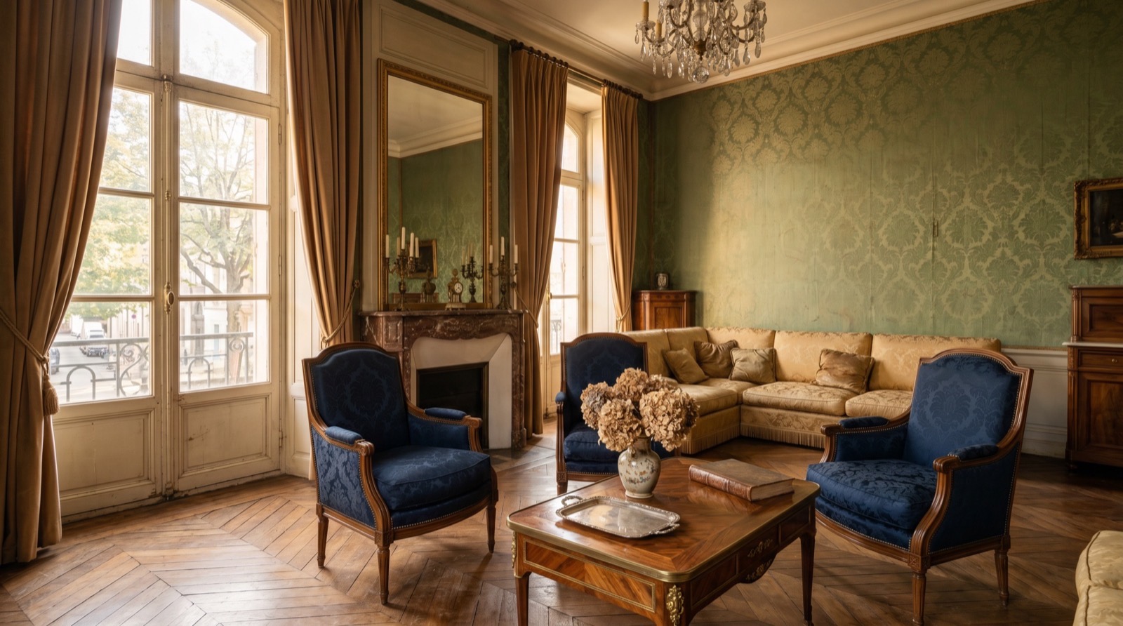 Salon avec fauteuils bergères restaurés à l'atelier du Gavot